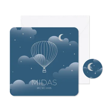 Blauw modern geboortekaartje met luchtballon zilver